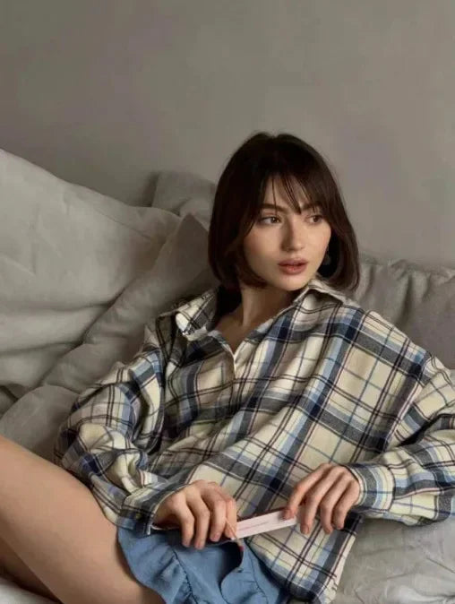 Camicia a quadri in flanella da donna a manica lunga con bottoni e tasche