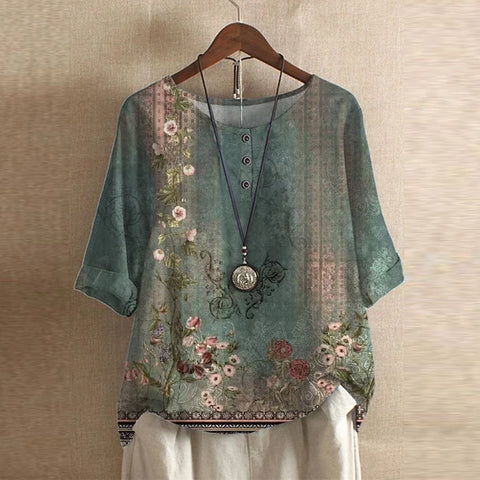 Retro Style Printed Blouse with Round Neck and Buttons for Women