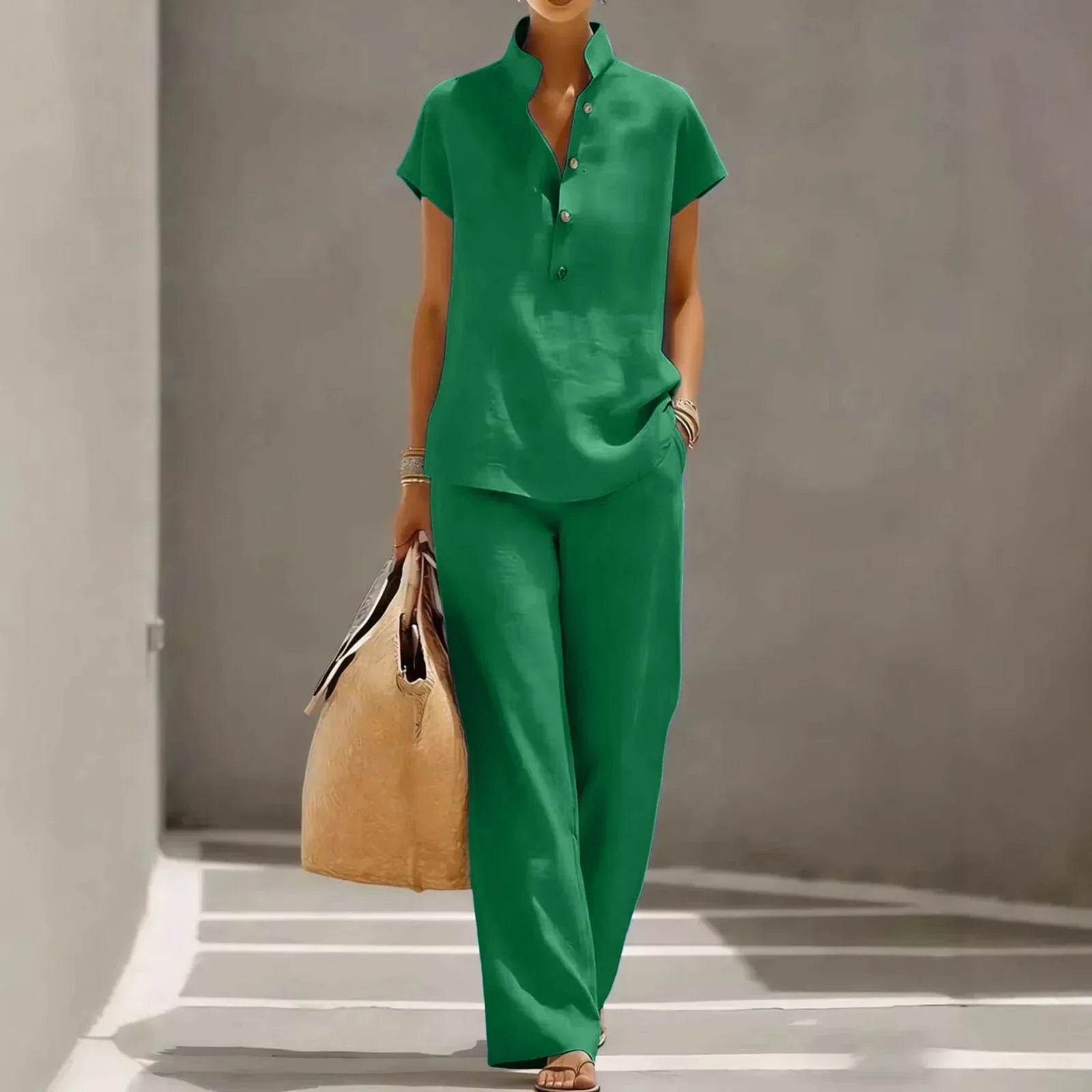 Completo da donna in due pezzi - misto lino - pantalone largo casual