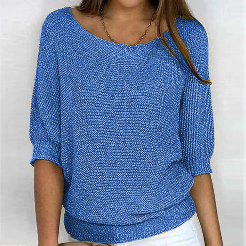 Women's knit sweater with crew neck and three-quarter French sleeves