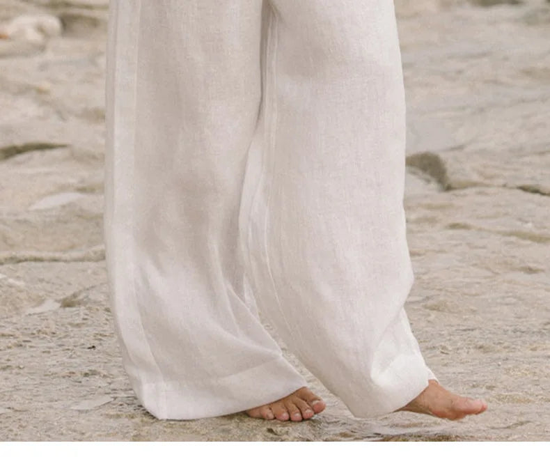 Pantaloni largi din in pentru femei, cu talie elastică și cordon