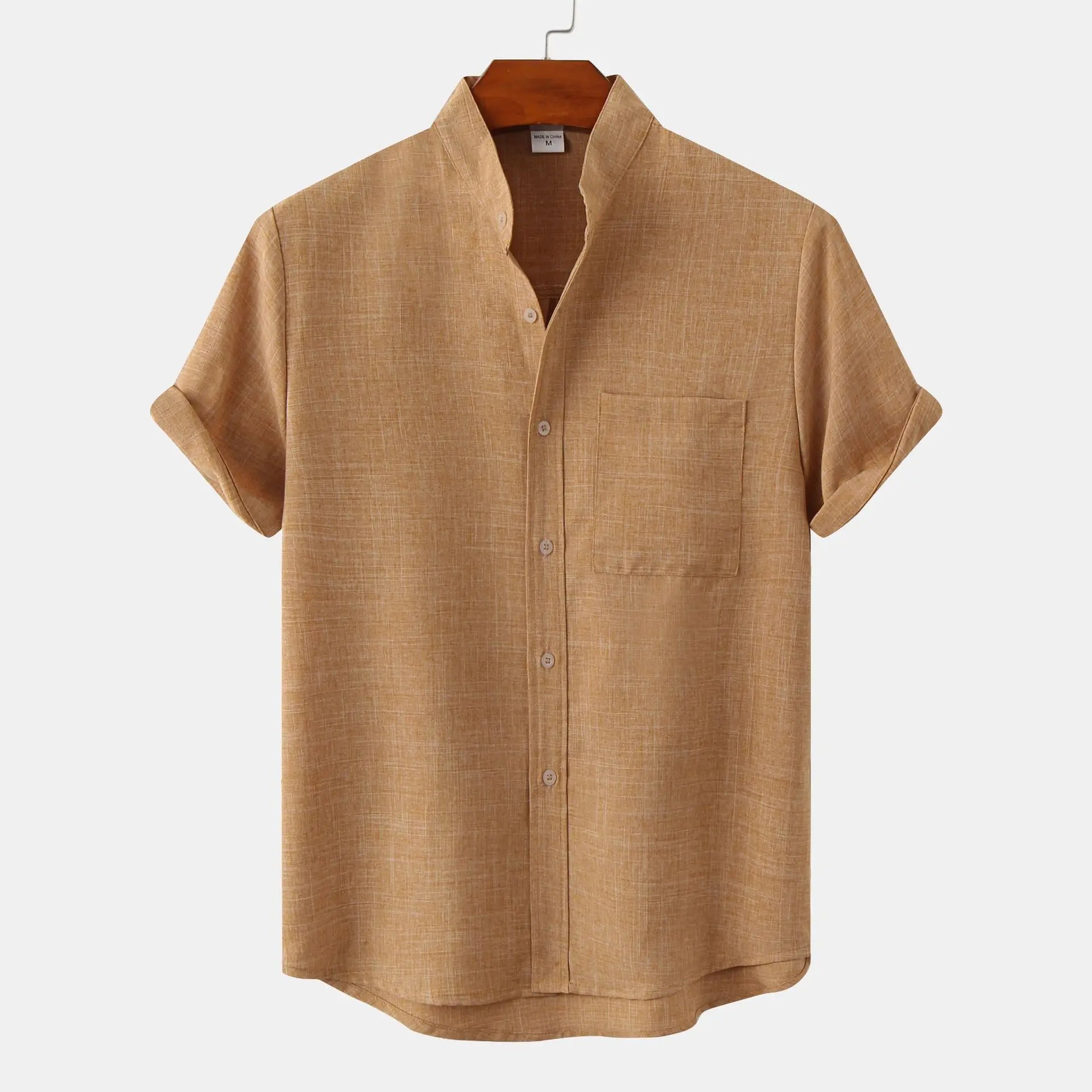 Camisa Casual para Hombre con Cuello Mao de Manga Corta y Botonadura Sencilla