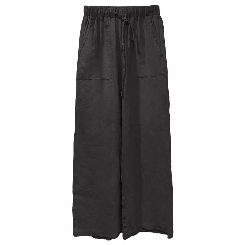Calças de linho para mulher com cordão ajustável e bolsos aplicados