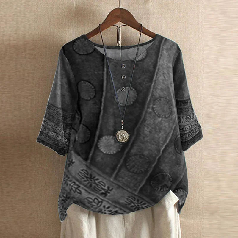 Retro Style Printed Blouse with Round Neck and Buttons for Women