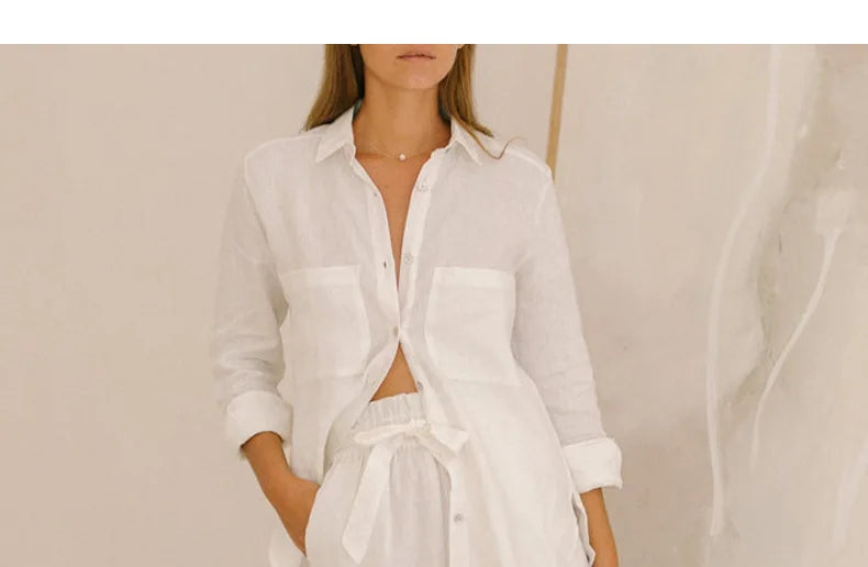 Pantaloni largi din in pentru femei, cu talie elastică și cordon