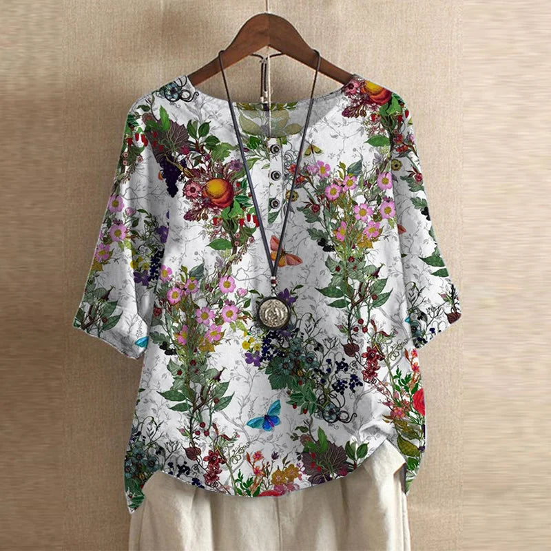 Retro Style Printed Blouse with Round Neck and Buttons for Women