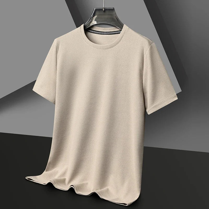 T-shirt da Uomo in Maglia Waffle con Collo Tondo e Manica Corta Casual