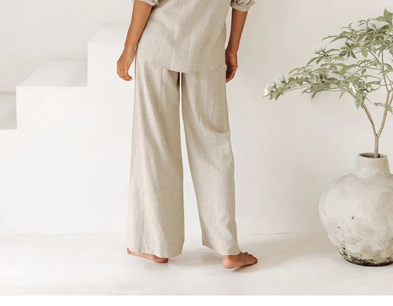 Pantaloni largi din in pentru femei, cu talie elastică și cordon