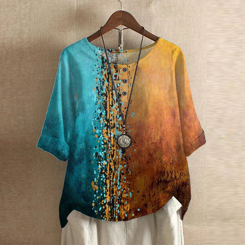 Retro Style Printed Blouse with Round Neck and Buttons for Women