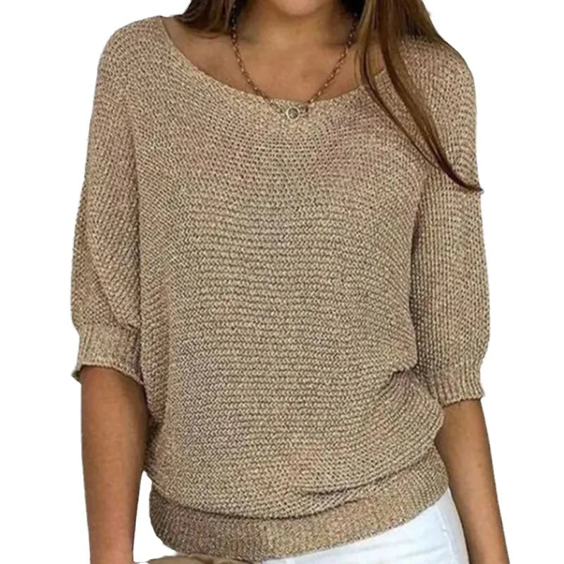 Women's knit sweater with crew neck and three-quarter French sleeves
