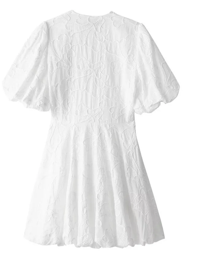 Short puff-sleeve mini dress with embroidery and V-neck