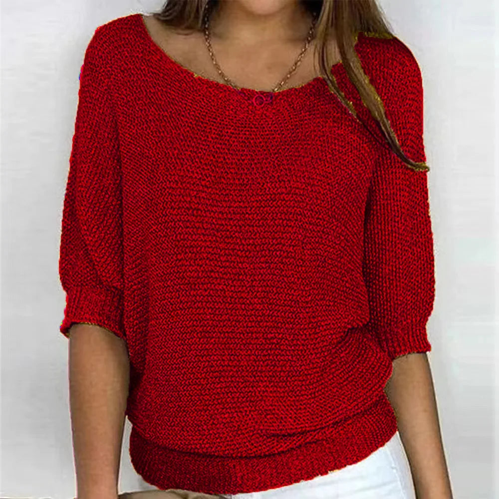 Women's knit sweater with crew neck and three-quarter French sleeves