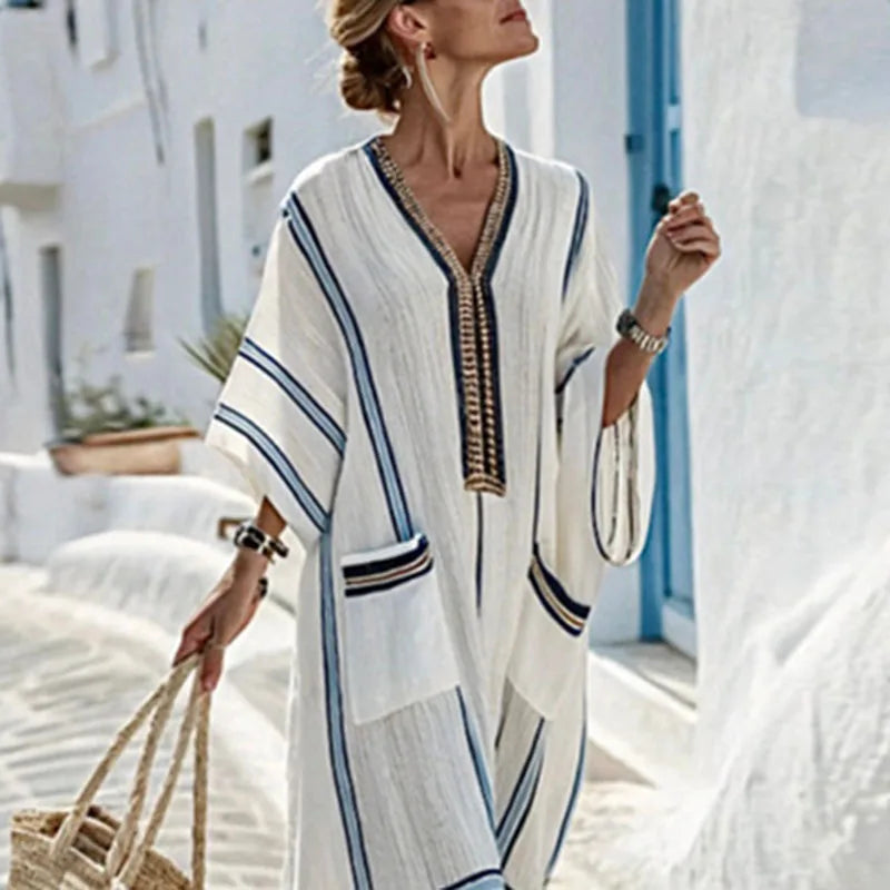 Robe kimono longue pour femme avec col en V et poches — plage