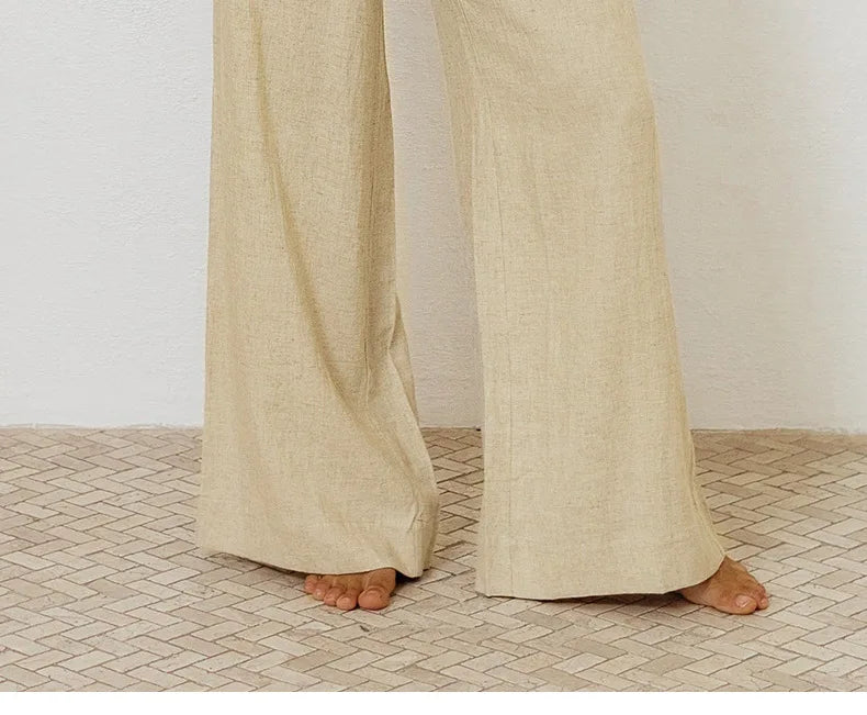 Pantaloni largi din in pentru femei, cu talie elastică și cordon