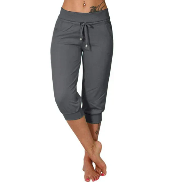 Pantaloni capri din amestec ușor cu talie elastică și șnur ajustabil