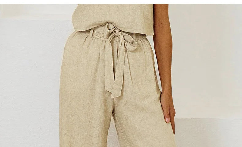 Pantaloni largi din in pentru femei, cu talie elastică și cordon