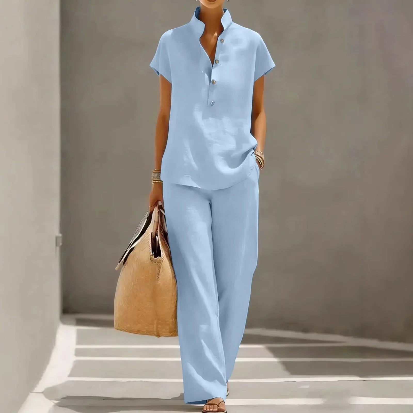 Completo da donna in due pezzi - misto lino - pantalone largo casual
