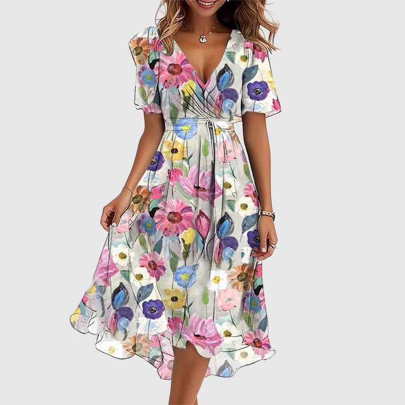 Vestido Largo de Mezcla de Algodón con Estampado Multicolor y Escote en V para Mujer