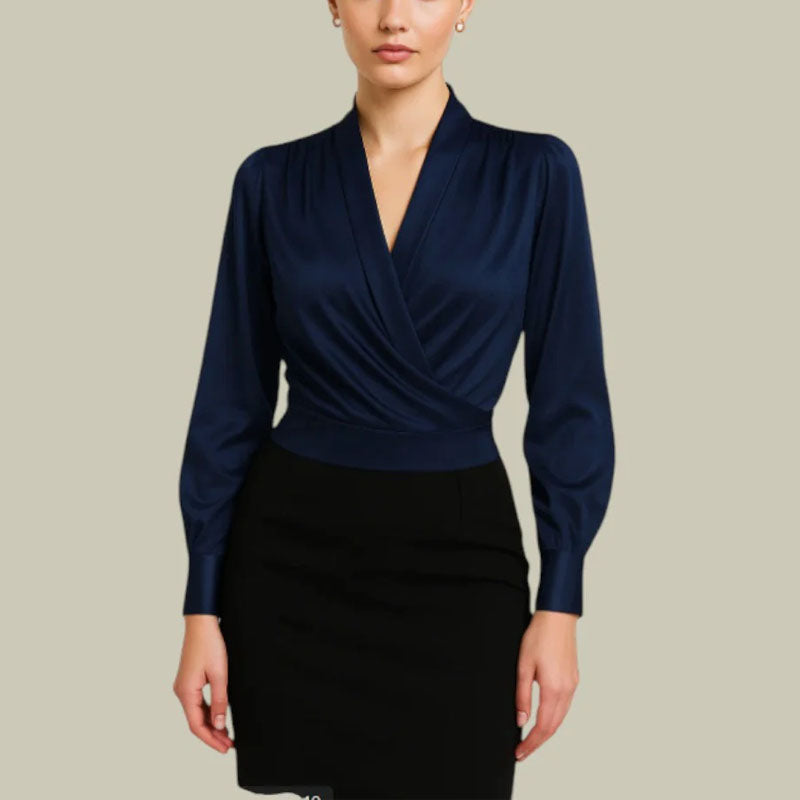 Blusa in poliestere da donna con scollo a V e design incrociato a maniche lunghe