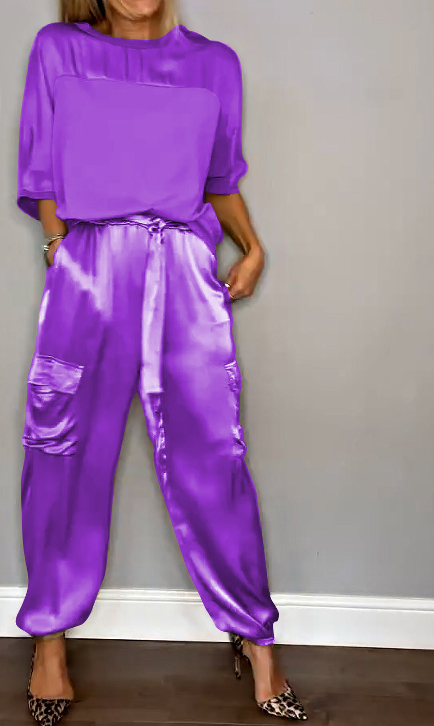 Women's Satin Set with 3/4 Sleeve Blouse and Waist Tie Pants
