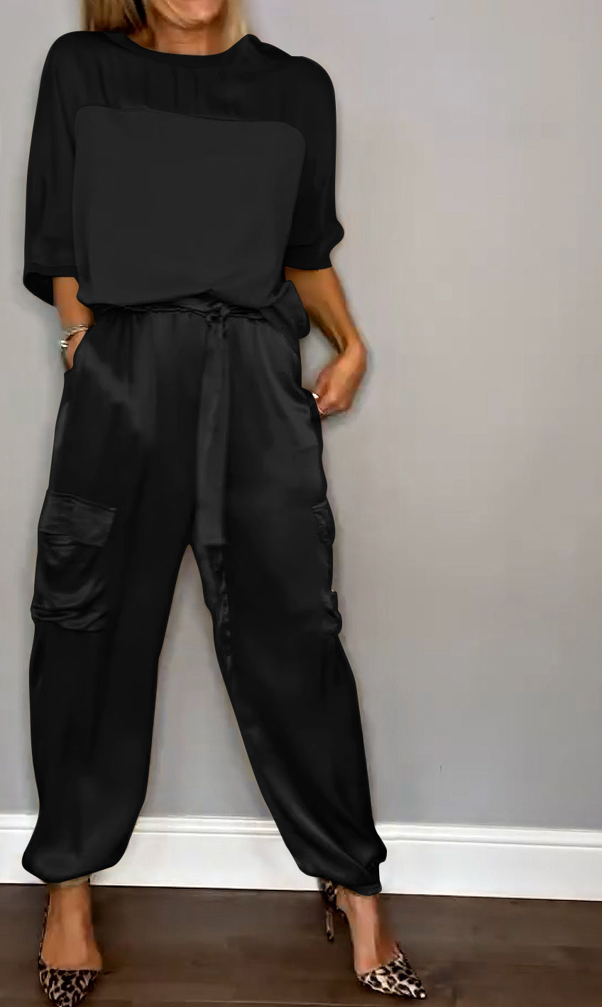 Women's Satin Set with 3/4 Sleeve Blouse and Waist Tie Pants