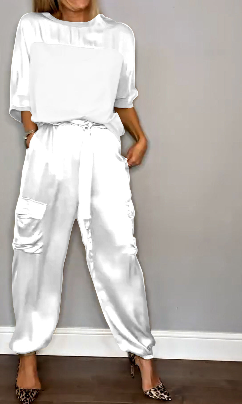 Women's Satin Set with 3/4 Sleeve Blouse and Waist Tie Pants