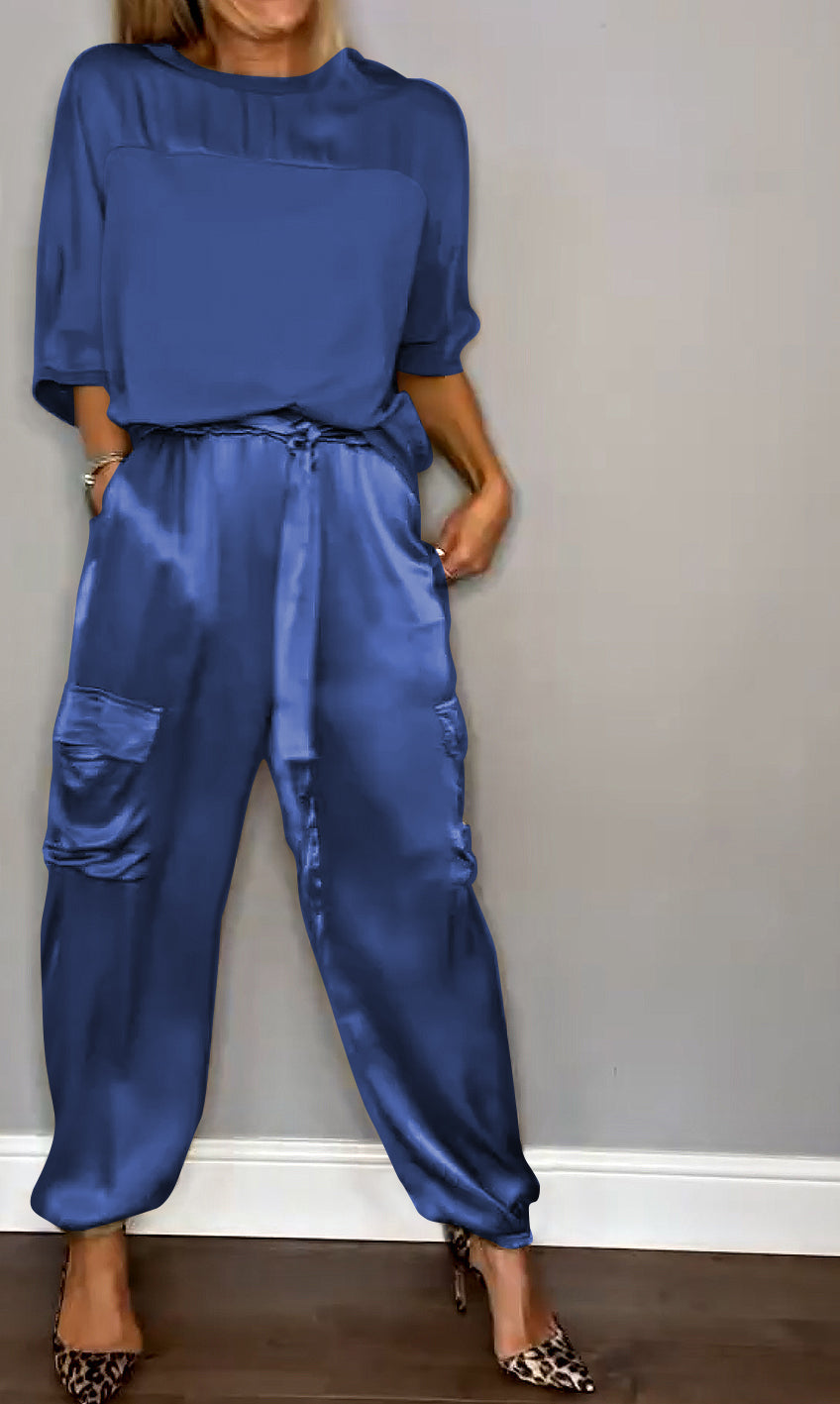Women's Satin Set with 3/4 Sleeve Blouse and Waist Tie Pants