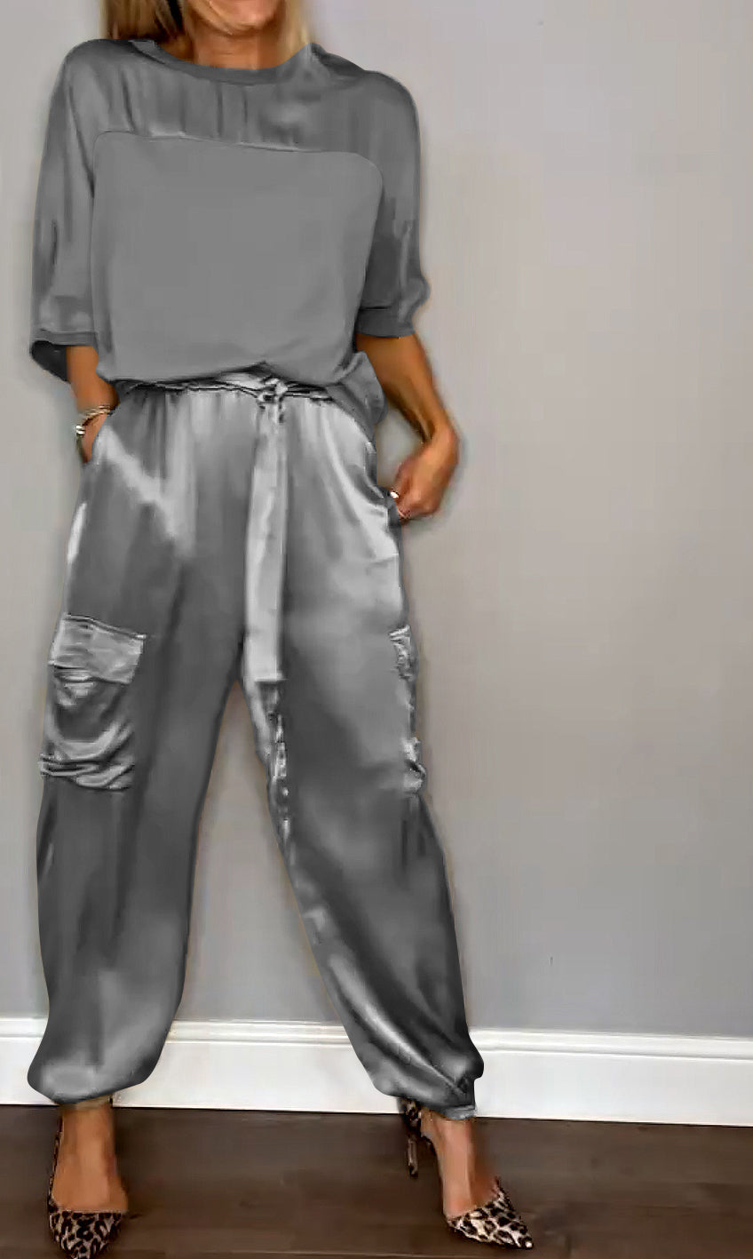 Women's Satin Set with 3/4 Sleeve Blouse and Waist Tie Pants