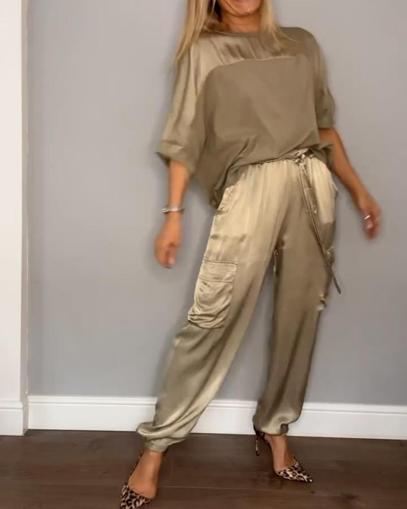 Women's Satin Set with 3/4 Sleeve Blouse and Waist Tie Pants