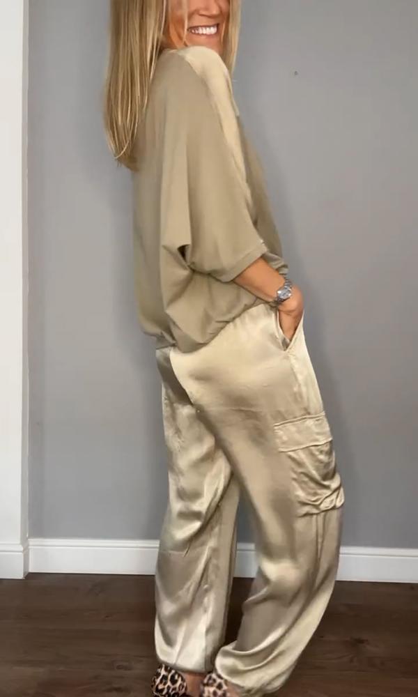 Women's Satin Set with 3/4 Sleeve Blouse and Waist Tie Pants
