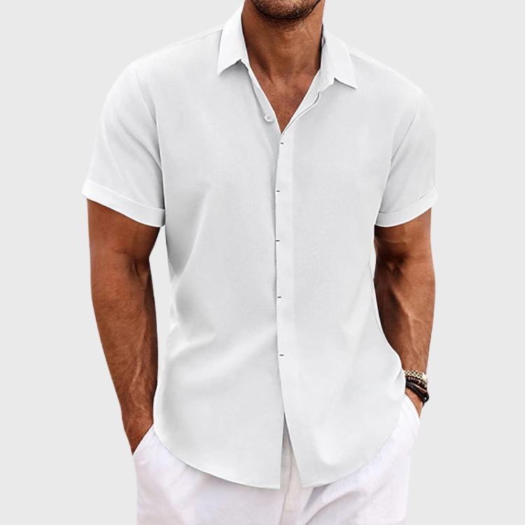 Camisa de Lino para Hombre de Manga Corta con Cuello de Solapa y Botones