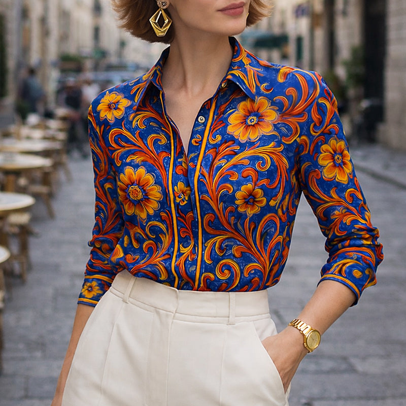 Blusa in poliestere da donna a maniche lunghe con stampa floreale e colletto a risvolto