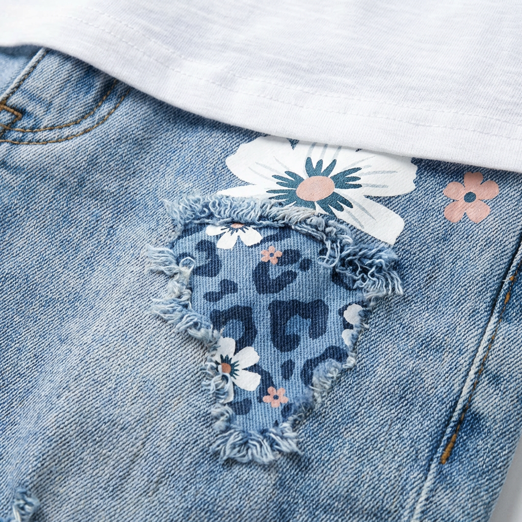 Bermuda Jeans da Donna con Stampa Floreale e Orli Sfilacciati