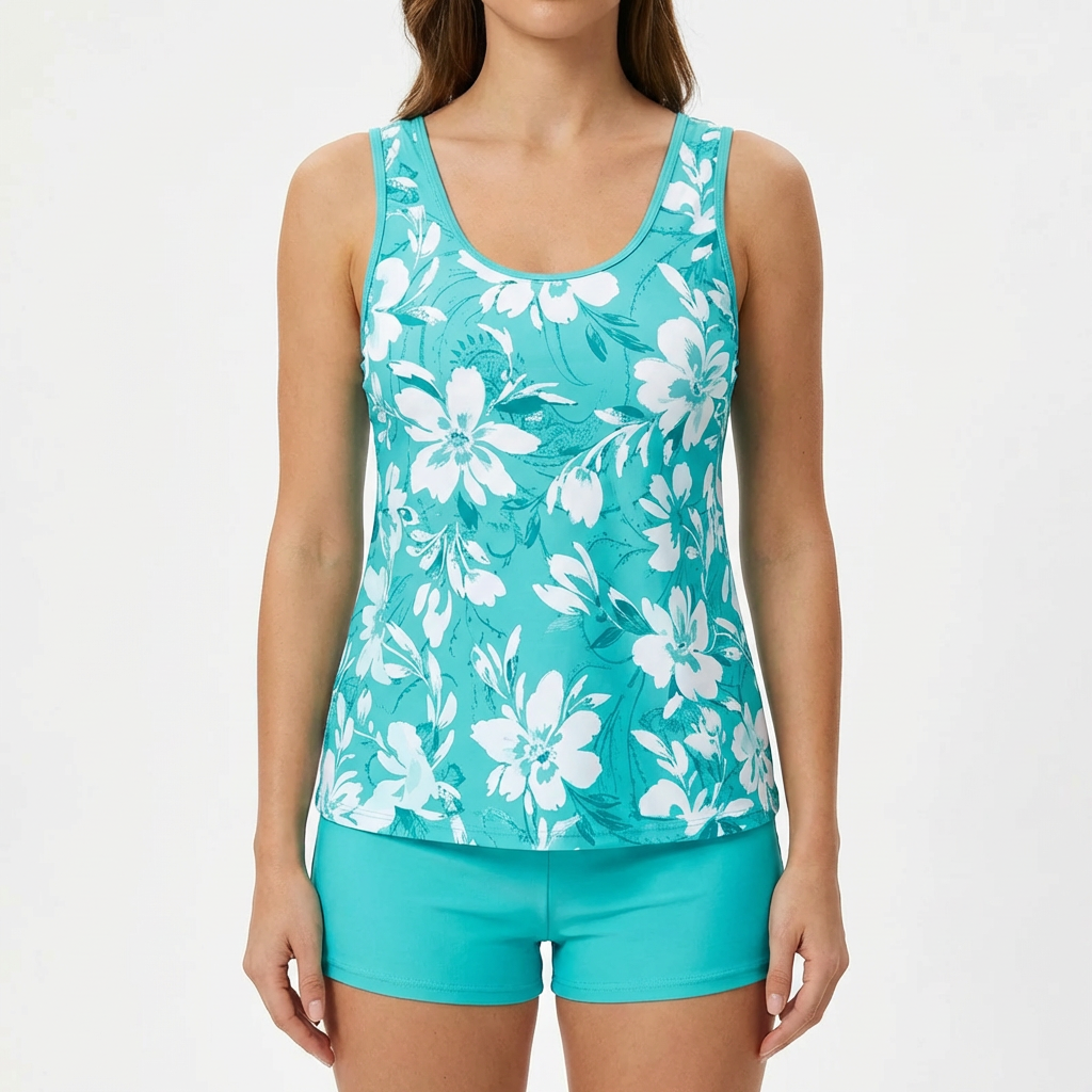 Costume Tankini a Due Pezzi con Stampa Floreale e Pantaloncini da Donna