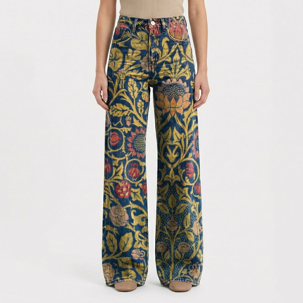 Jeans da Donna a Gamba Larga a Vita Alta con Design Stampato