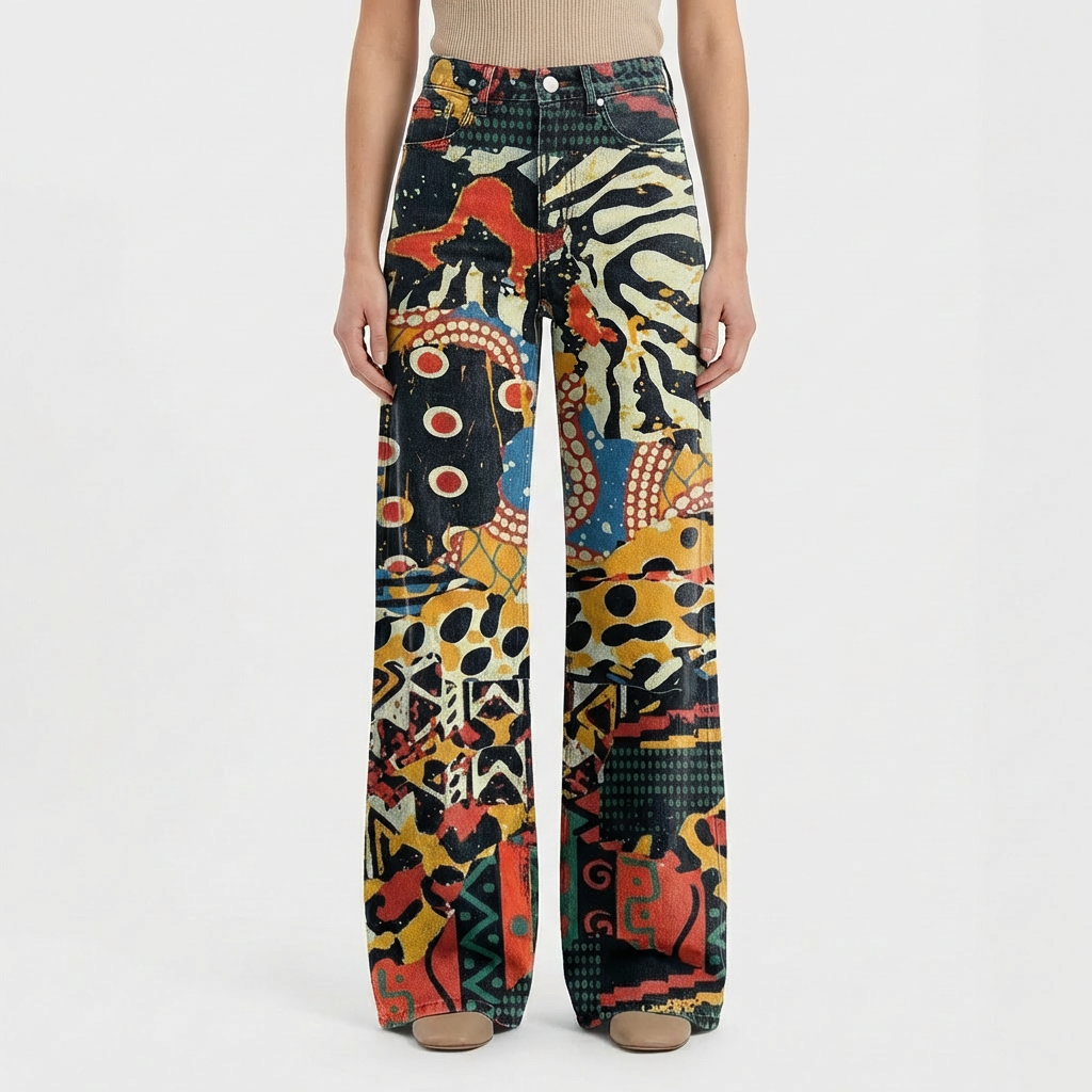 Jeans da Donna a Gamba Larga a Vita Alta con Design Stampato