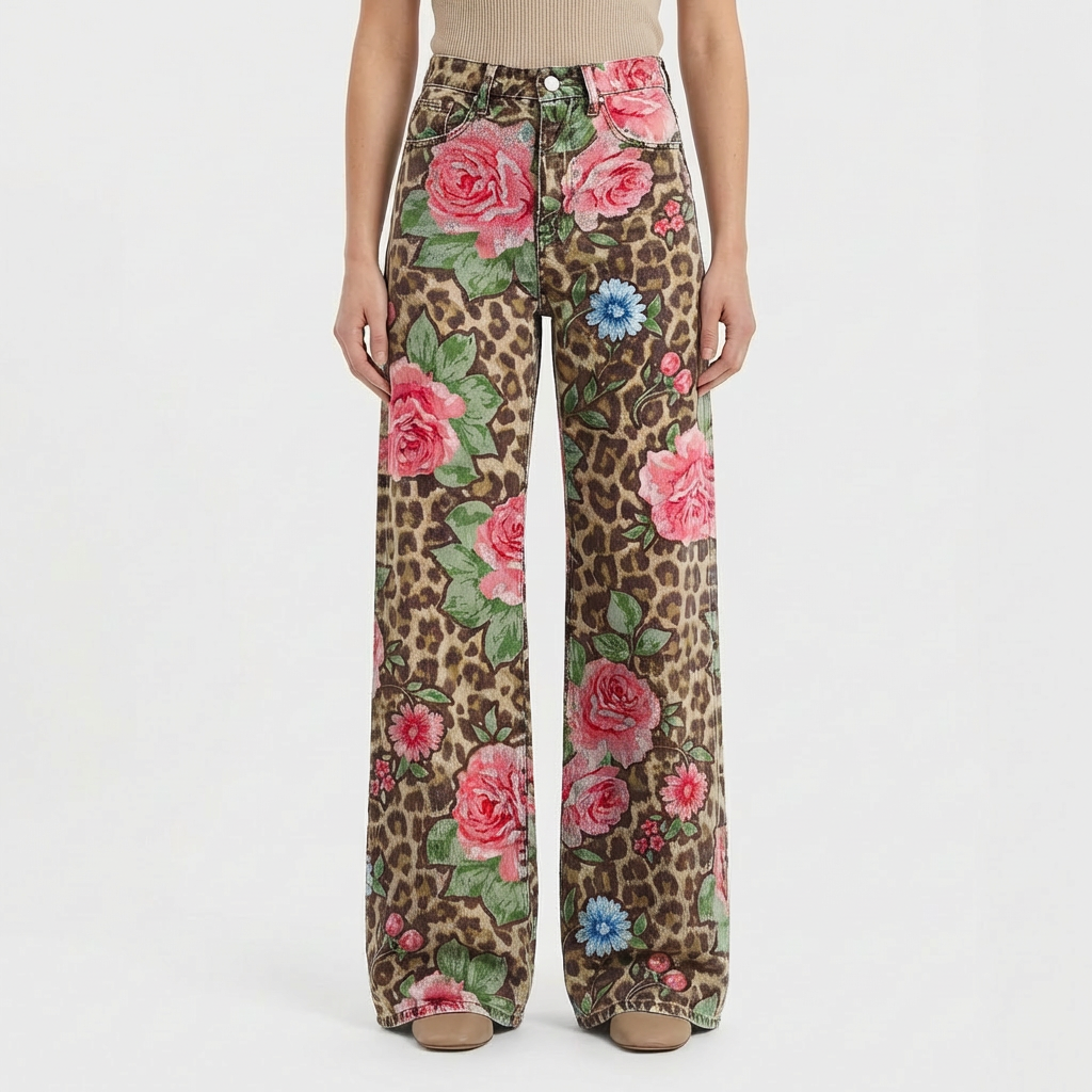 Jeans da Donna a Gamba Larga a Vita Alta con Design Stampato