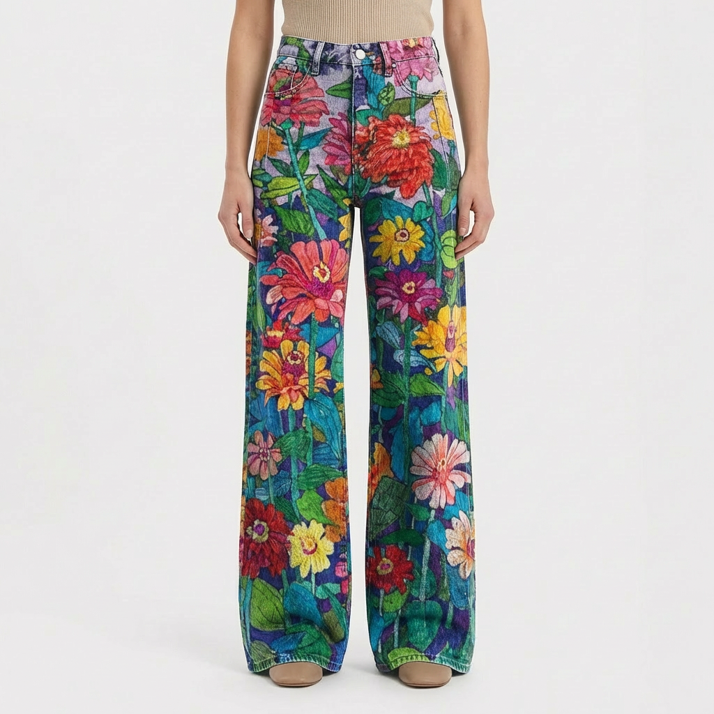 Jeans da Donna a Gamba Larga a Vita Alta con Design Stampato