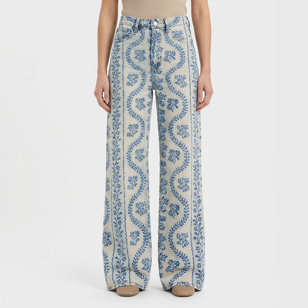 Jeans da Donna a Gamba Larga a Vita Alta con Design Stampato