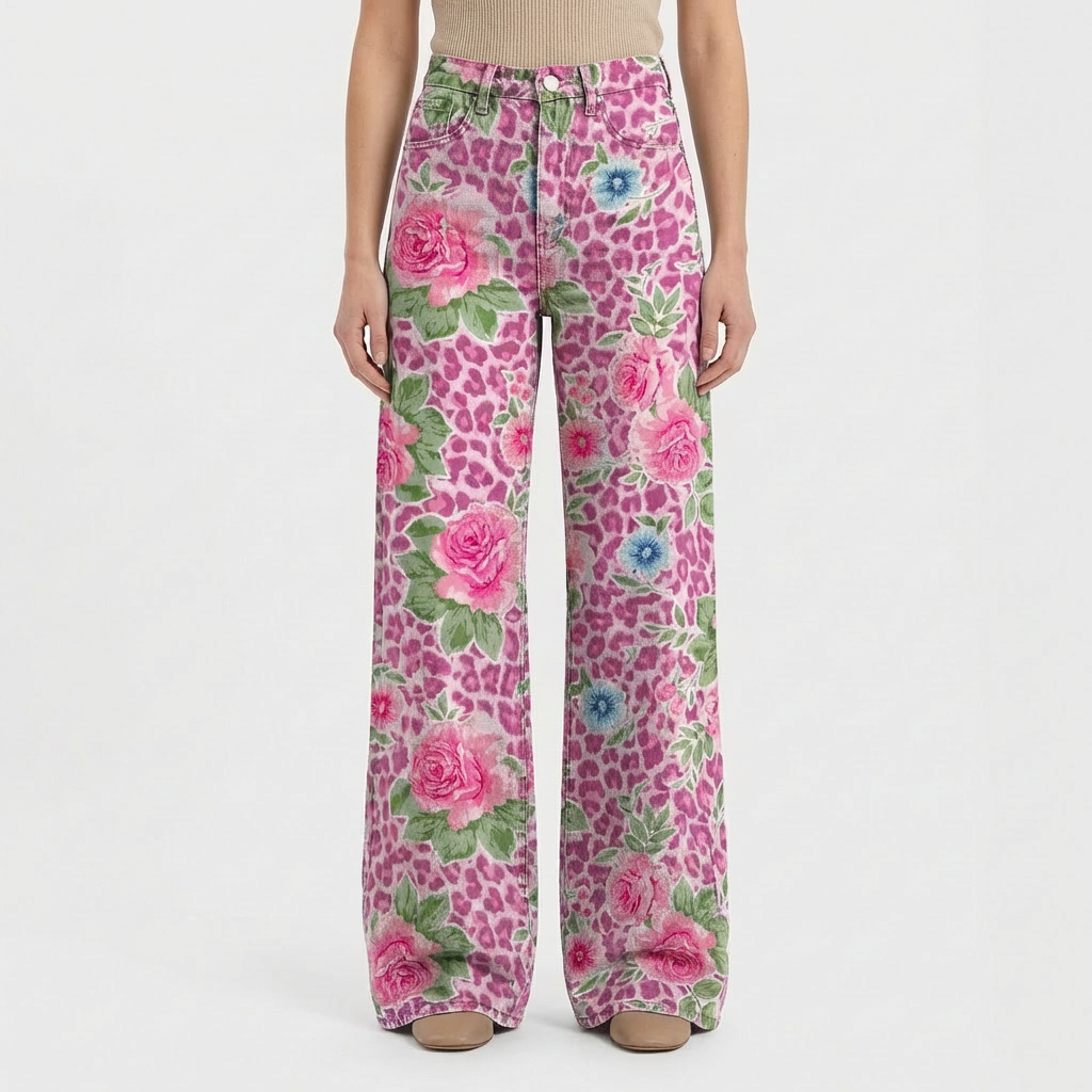 Jeans da Donna a Gamba Larga a Vita Alta con Design Stampato