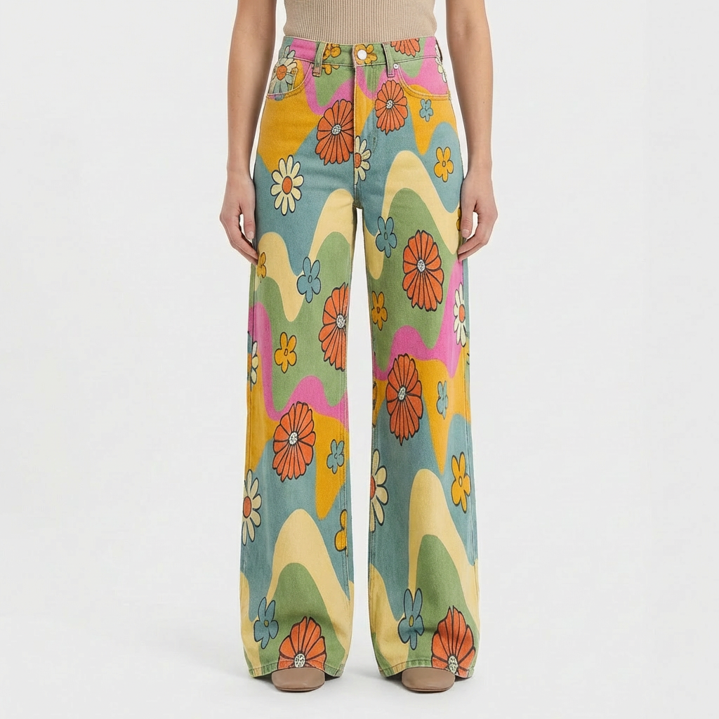 Jeans da Donna a Gamba Larga a Vita Alta con Design Stampato