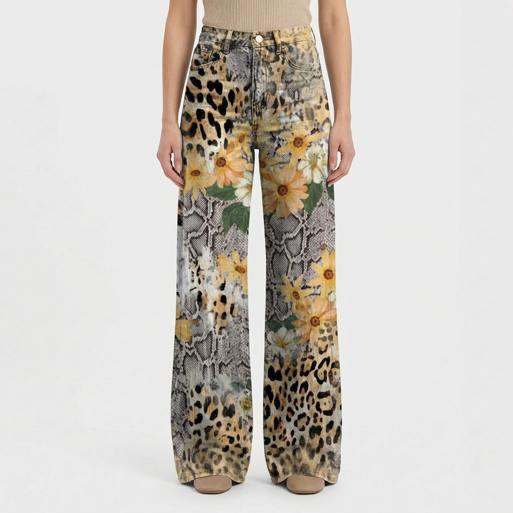 Jeans da Donna a Gamba Larga a Vita Alta con Design Stampato