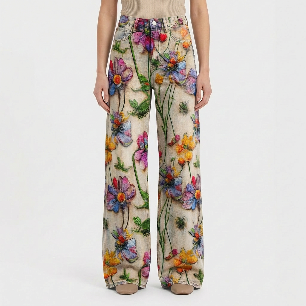 Jeans da Donna a Gamba Larga a Vita Alta con Design Stampato