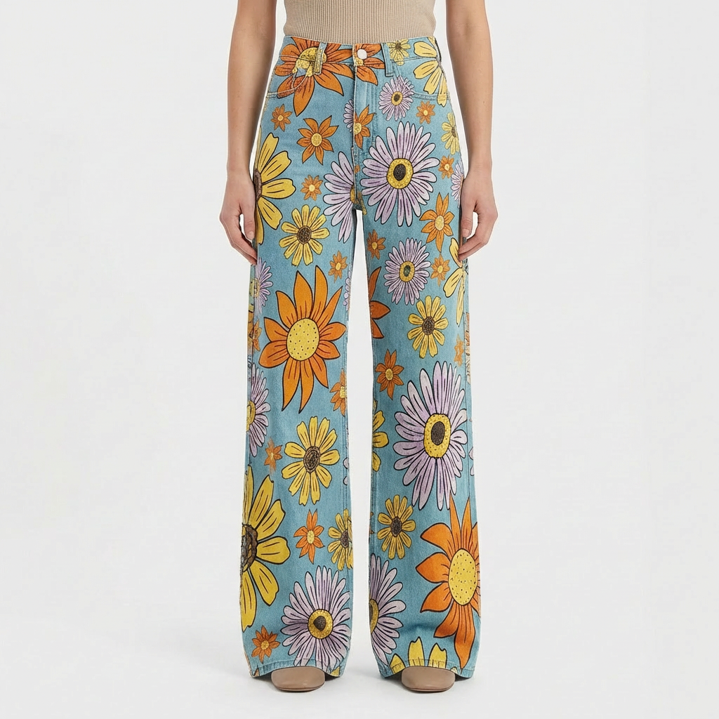 Jeans da Donna a Gamba Larga a Vita Alta con Design Stampato