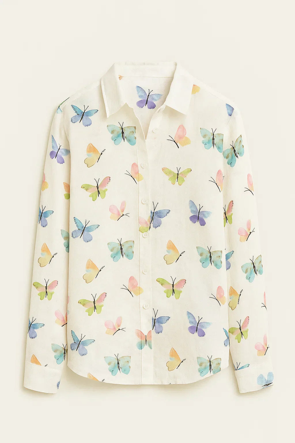 Camicia in cotone e poliestere con stampa di farfalle e maniche lunghe da donna