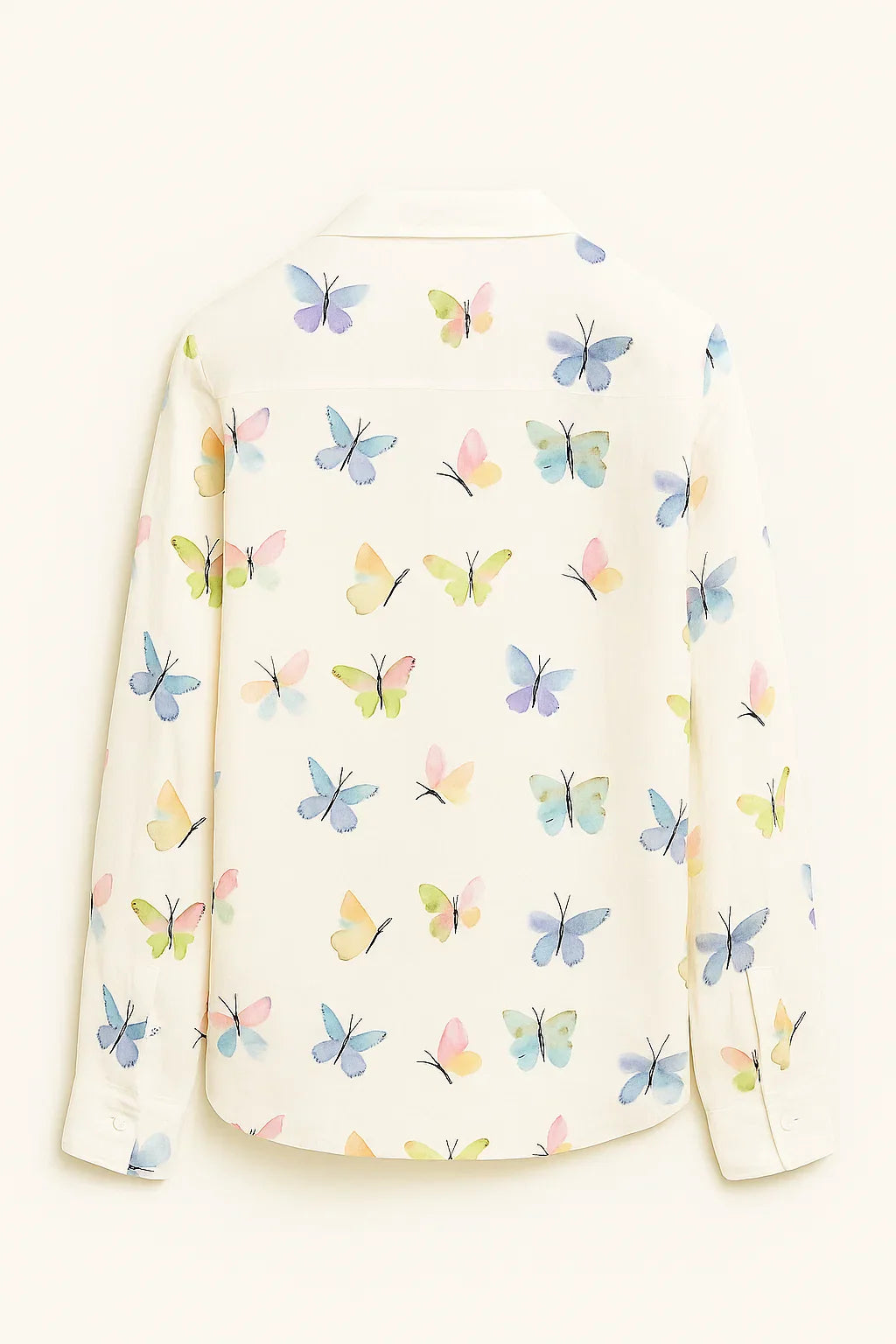 Camicia in cotone e poliestere con stampa di farfalle e maniche lunghe da donna