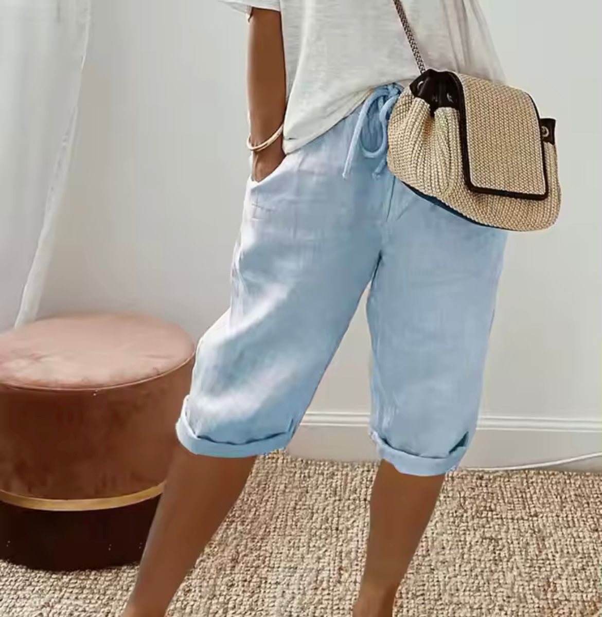 Pantaloncini in Lino e Cotone con Vita Elastica e Tasche da Donna