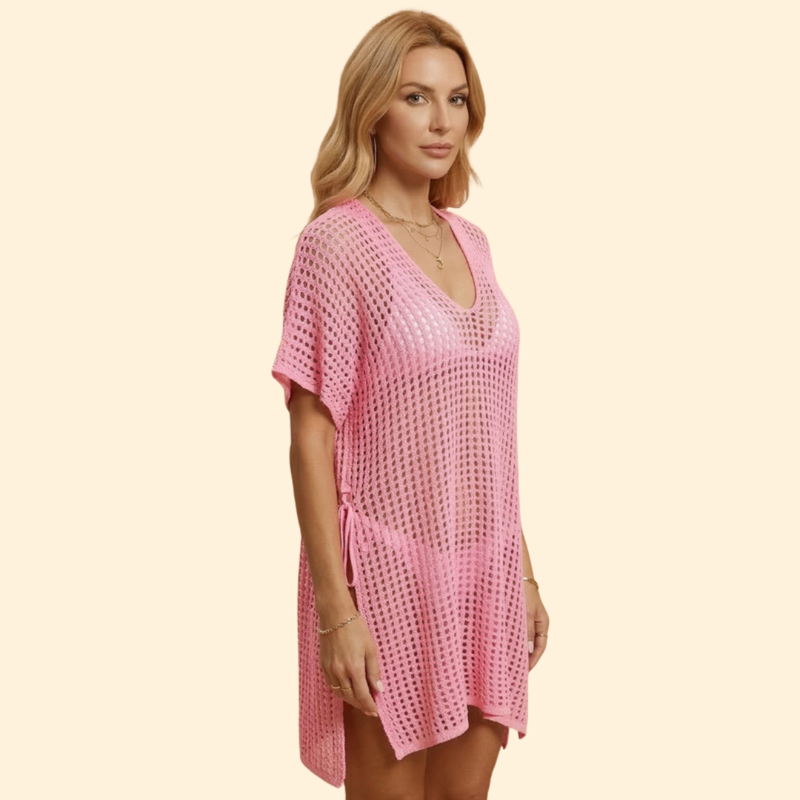 Rochie de plajă pentru femei, cu croială perforată și mânecă scurtă