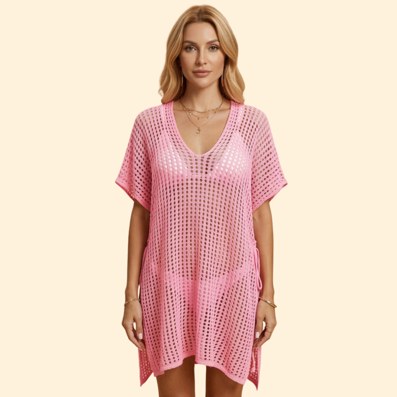 Rochie de plajă pentru femei, cu croială perforată și mânecă scurtă