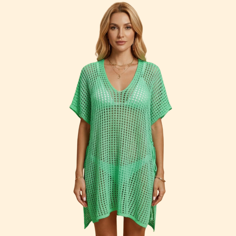 Rochie de plajă pentru femei, cu croială perforată și mânecă scurtă